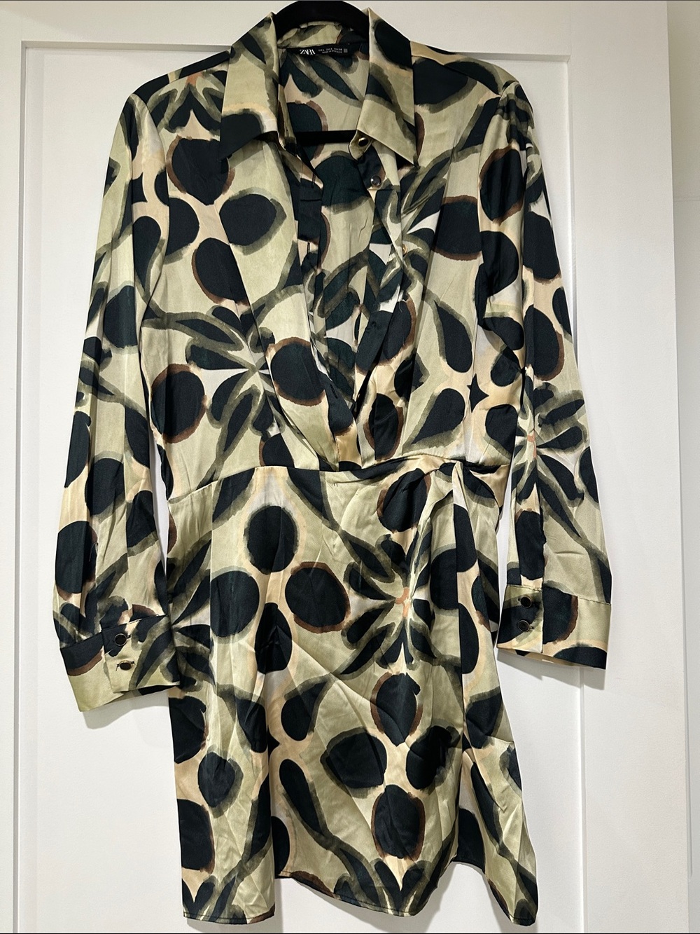 Zara Olive Green, Black & Brown Abstract Print Long Sleeve Wrap Dress